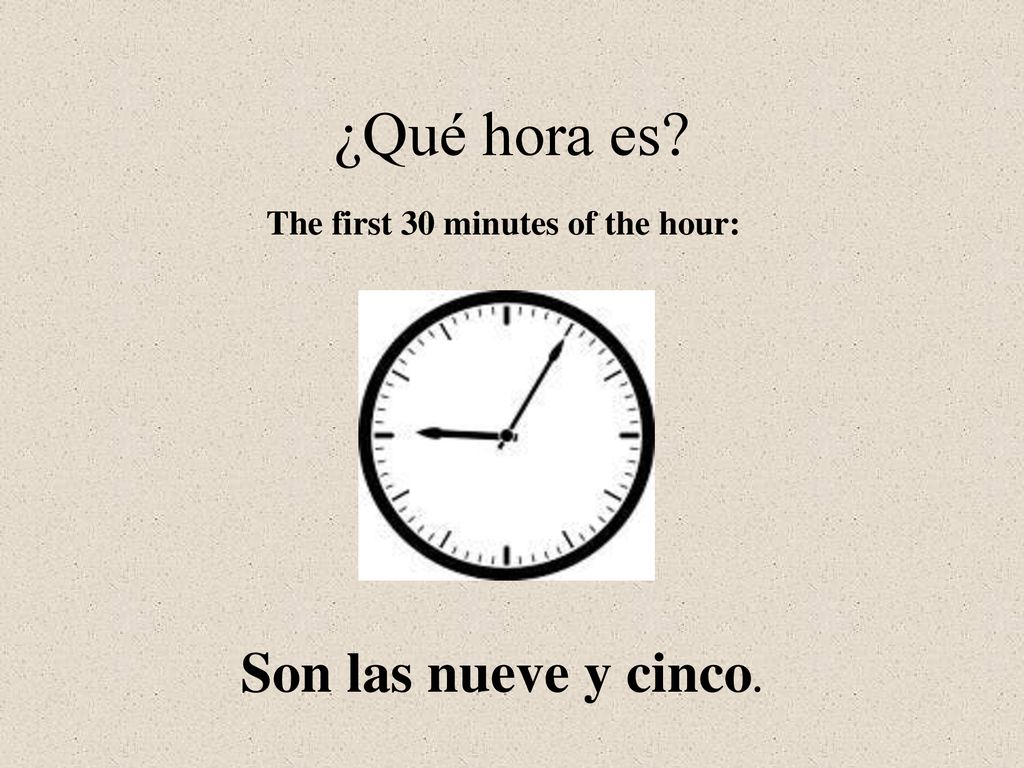 ¿Qué hora es The first 30 minutes of the hour: Son las nueve y cinco.
