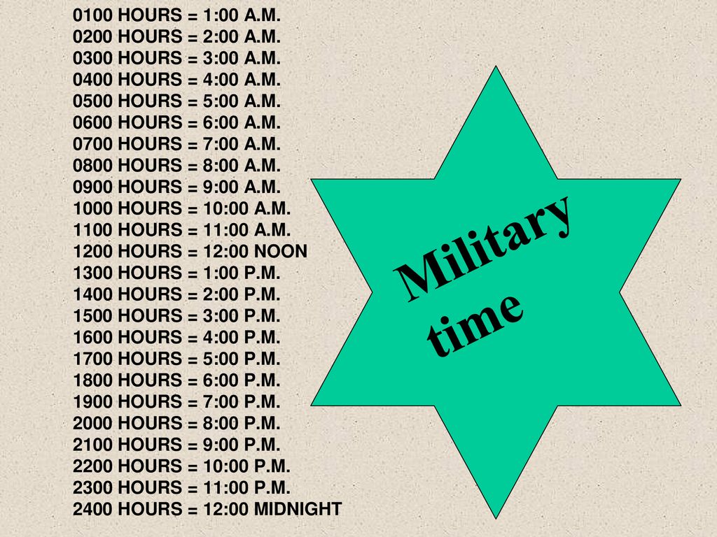 0100 HOURS = 1:00 A. M HOURS = 2:00 A. M HOURS = 3:00 A. M