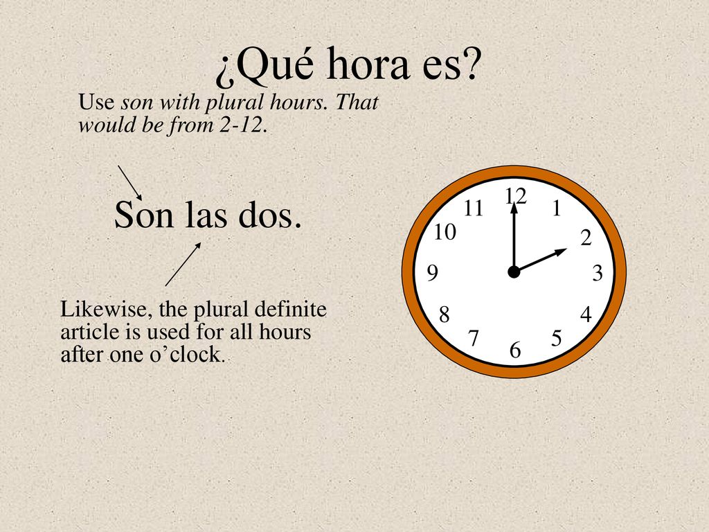 ¿Qué hora es Use son with plural hours. That would be from