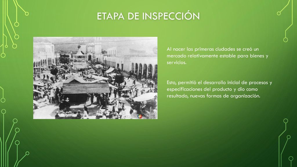 Etapa de inspección Al nacer las primeras ciudades se creó un mercado relativamente estable para bienes y servicios.
