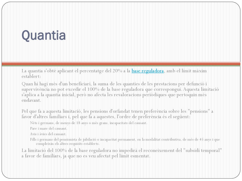 Quantia La quantia s obté aplicant el percentatge del 20% a la base reguladora, amb el límit màxim establert: