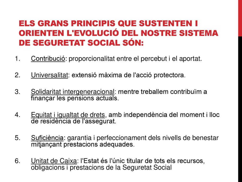 Els grans principis que sustenten i orienten l evolució del nostre sistema de Seguretat Social són: