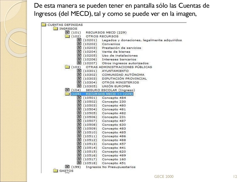 De esta manera se pueden tener en pantalla sólo las Cuentas de Ingresos (del MECD), tal y como se puede ver en la imagen,