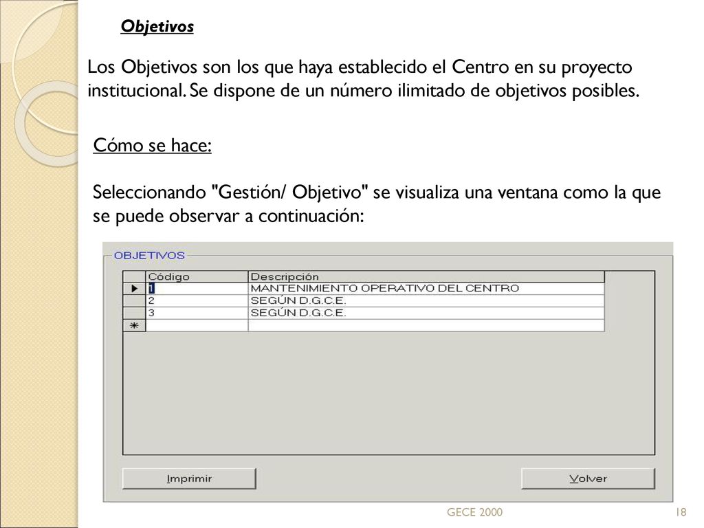 Objetivos Los Objetivos son los que haya establecido el Centro en su proyecto institucional. Se dispone de un número ilimitado de objetivos posibles.