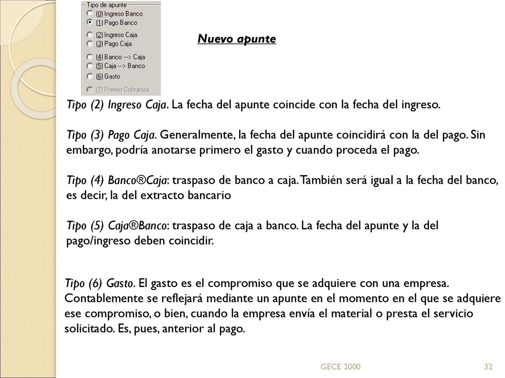 Nuevo apunte Tipo (2) Ingreso Caja. La fecha del apunte coincide con la fecha del ingreso.