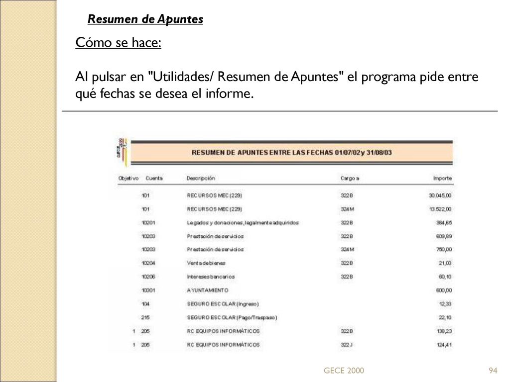 Resumen de Apuntes Cómo se hace: Al pulsar en Utilidades/ Resumen de Apuntes el programa pide entre qué fechas se desea el informe.