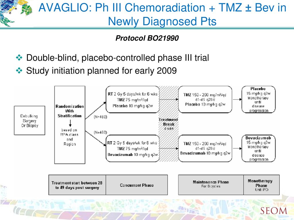 AVAGLIO: Ph III Chemoradiation + TMZ ± Bev in Newly Diagnosed Pts