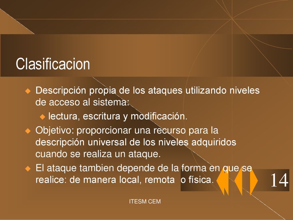 Clasificacion Descripción propia de los ataques utilizando niveles de acceso al sistema: lectura, escritura y modificación.