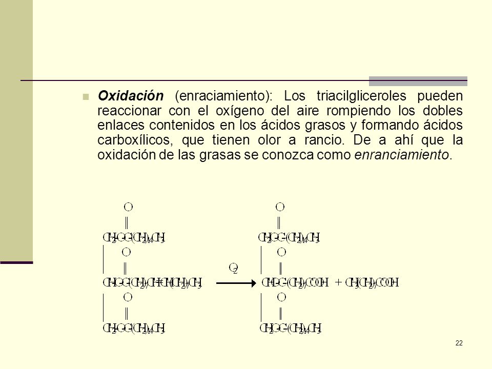 Oxidación (enraciamiento): Los triacilgliceroles pueden reaccionar con el oxígeno del aire rompiendo los dobles enlaces contenidos en los ácidos grasos y formando ácidos carboxílicos, que tienen olor a rancio.