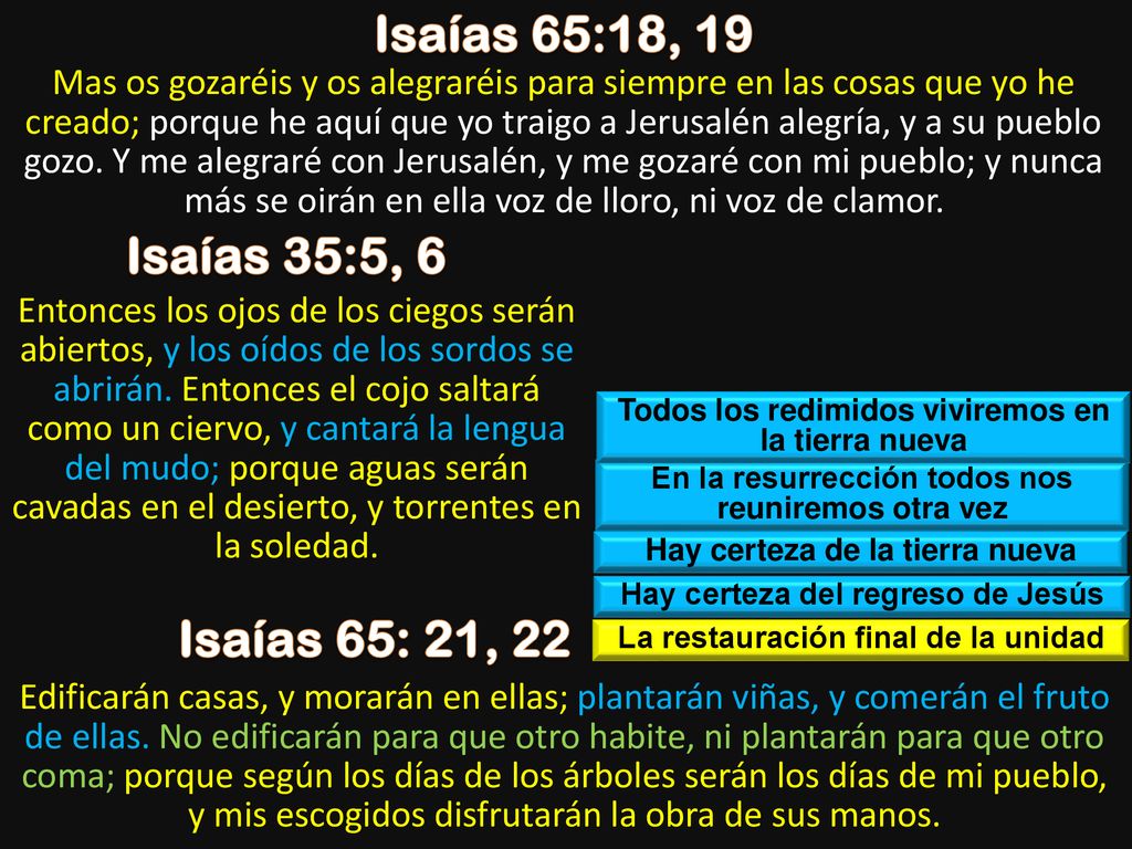 Isaías 65:18, 19 Isaías 35:5, 6 Isaías 65: 21, 22