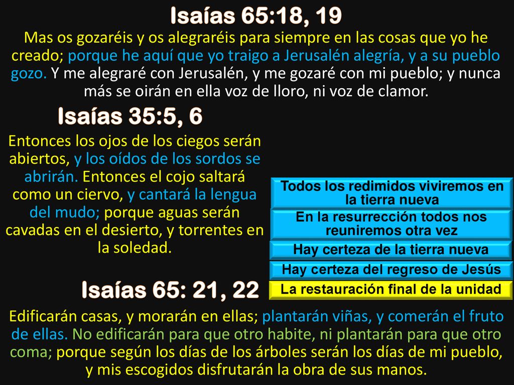 Isaías 65:18, 19 Isaías 35:5, 6 Isaías 65: 21, 22
