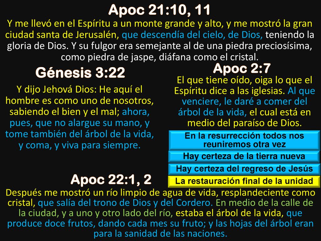 Apoc 21:10, 11 Génesis 3:22 Apoc 2:7 Apoc 22:1, 2