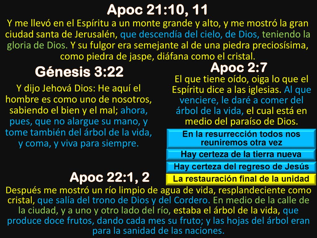 Apoc 21:10, 11 Génesis 3:22 Apoc 2:7 Apoc 22:1, 2