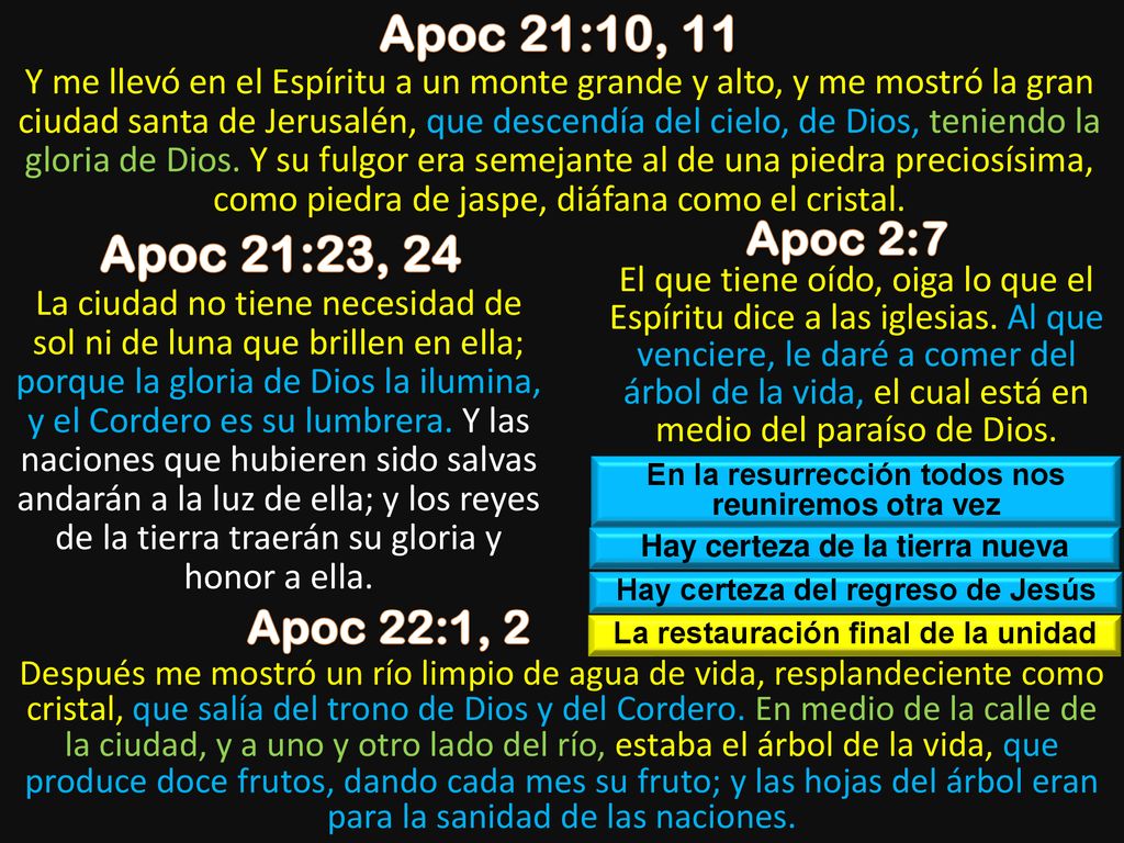 Apoc 21:10, 11 Apoc 21:23, 24 Apoc 2:7 Apoc 22:1, 2