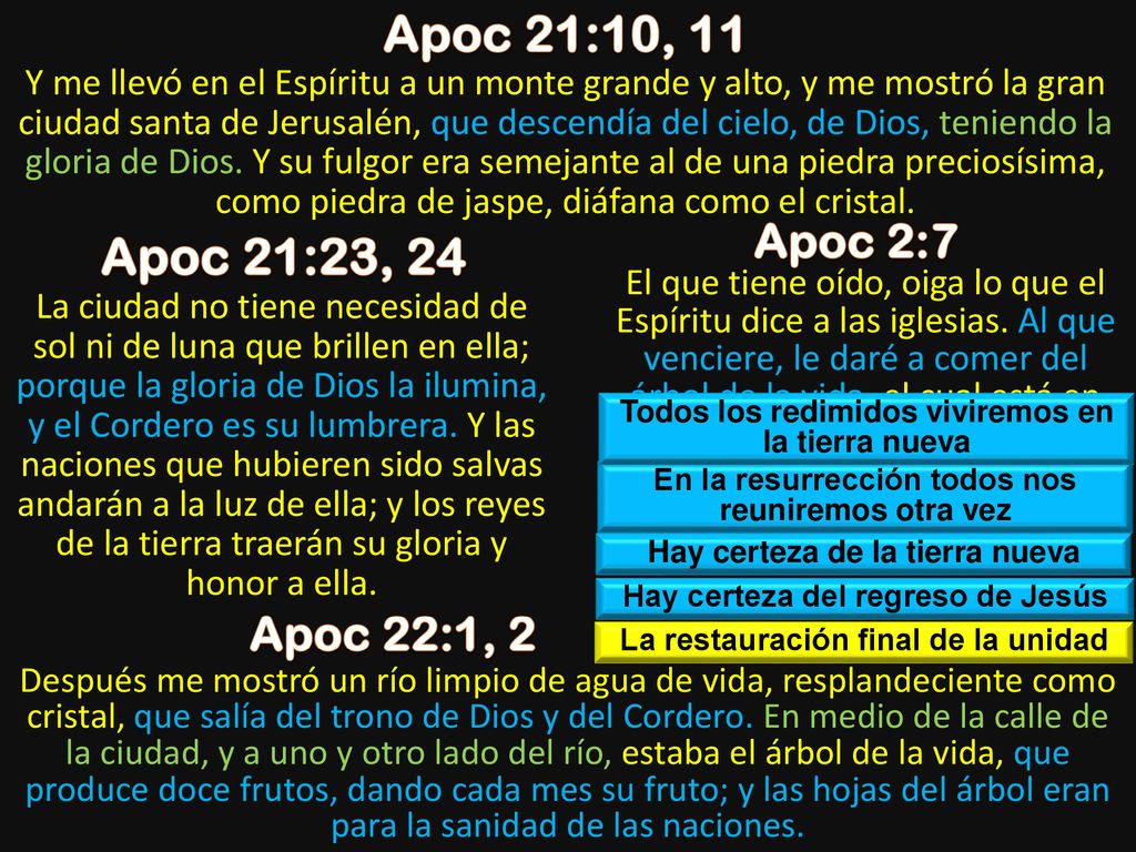 Apoc 21:10, 11 Apoc 21:23, 24 Apoc 2:7 Apoc 22:1, 2