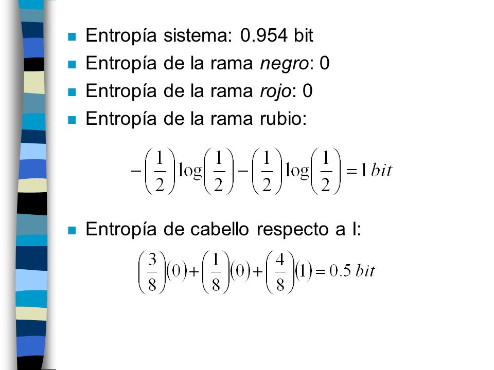 Entropía sistema: bit Entropía de la rama negro: 0. Entropía de la rama rojo: 0. Entropía de la rama rubio: