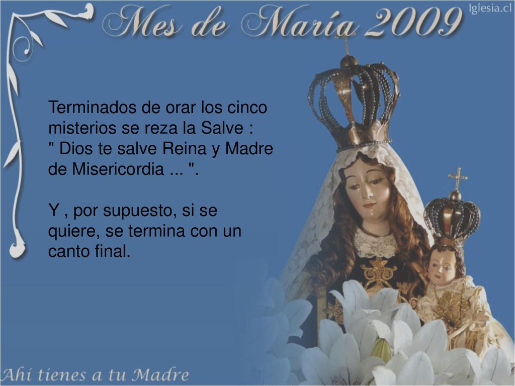 Terminados de orar los cinco misterios se reza la Salve : Dios te salve Reina y Madre de Misericordia ...