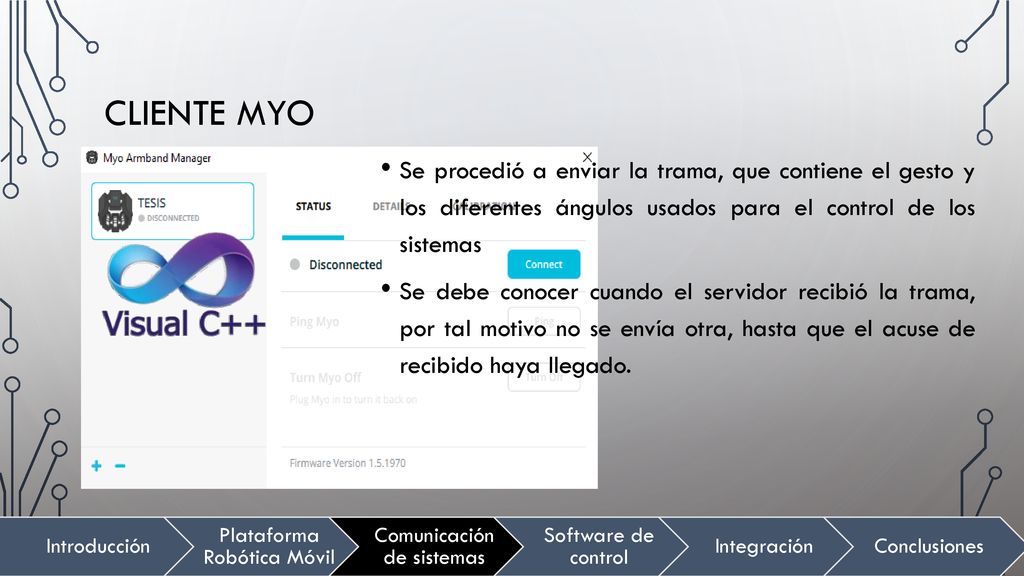 Cliente myo Se procedió a enviar la trama, que contiene el gesto y los diferentes ángulos usados para el control de los sistemas.