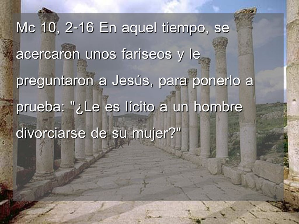 Mc 10, 2-16 En aquel tiempo, se acercaron unos fariseos y le preguntaron a Jesús, para ponerlo a prueba: ¿Le es lícito a un hombre divorciarse de su mujer