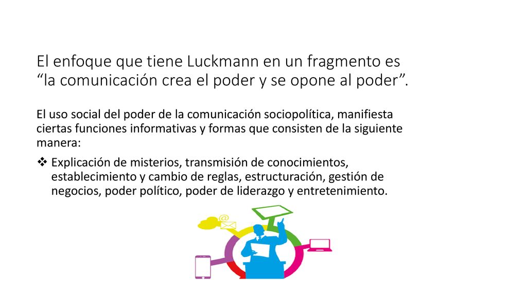 El enfoque que tiene Luckmann en un fragmento es la comunicación crea el poder y se opone al poder .