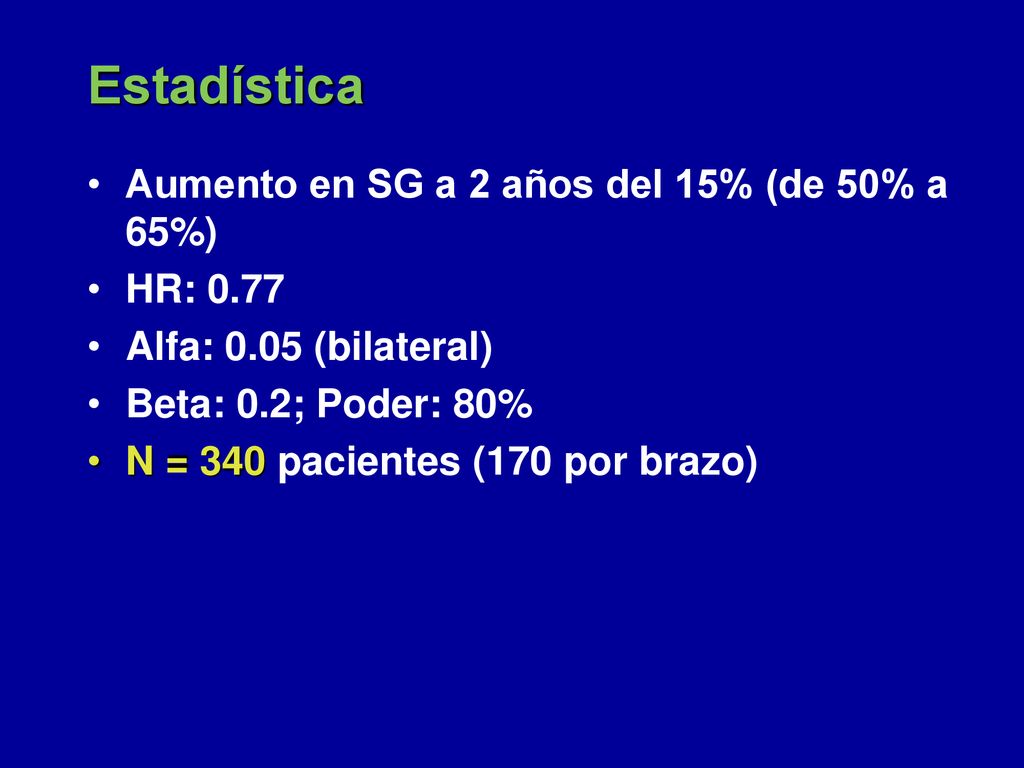 Estadística Aumento en SG a 2 años del 15% (de 50% a 65%) HR: 0.77