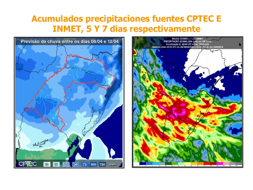 Acumulados precipitaciones fuentes CPTEC E INMET, 5 Y 7 dias respectivamente