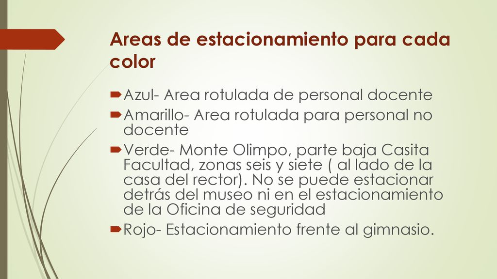 Areas de estacionamiento para cada color