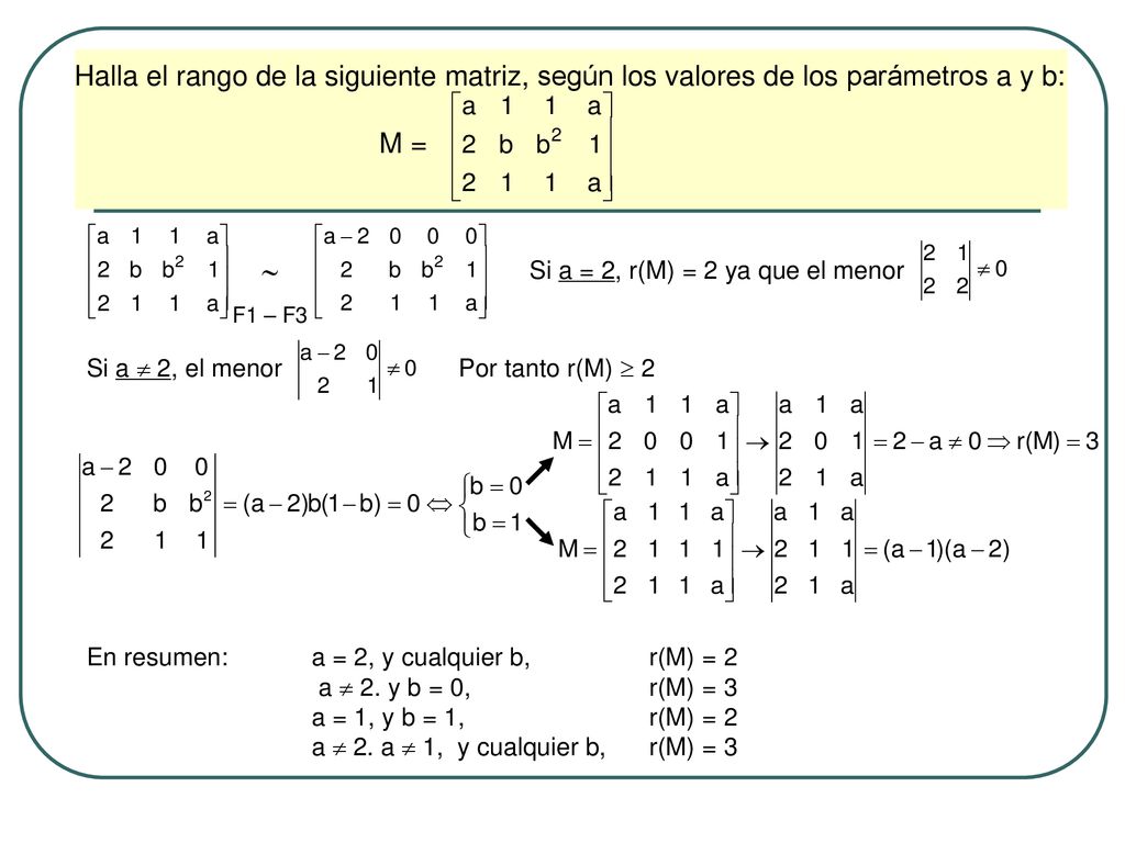 Halla el rango de la siguiente matriz, según los valores de los parámetros a y b: