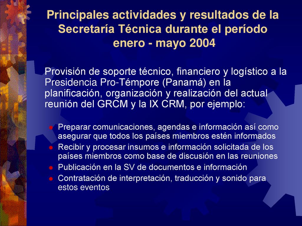 Principales actividades y resultados de la Secretaría Técnica durante el período enero - mayo 2004