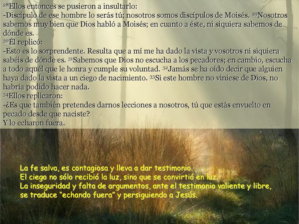 28Ellos entonces se pusieron a insultarlo: -Discípulo de ese hombre lo serás tú; nosotros somos discípulos de Moisés. 29Nosotros sabemos muy bien que Dios habló a Moisés; en cuanto a éste, ni siquiera sabemos de dónde es. 30Él replicó: -Esto es lo sorprendente. Resulta que a mí me ha dado la vista y vosotros ni siquiera sabéis de dónde es. 31Sabemos que Dios no escucha a los pecadores; en cambio, escucha a todo aquél que le honra y cumple su voluntad. 32Jamás se ha oído decir que alguien haya dado la vista a un ciego de nacimiento. 33Si este hombre no viniese de Dios, no habría podido hacer nada. 34Ellos replicaron: -¿Es que también pretendes darnos lecciones a nosotros, tú que estás envuelto en pecado desde que naciste Y lo echaron fuera.