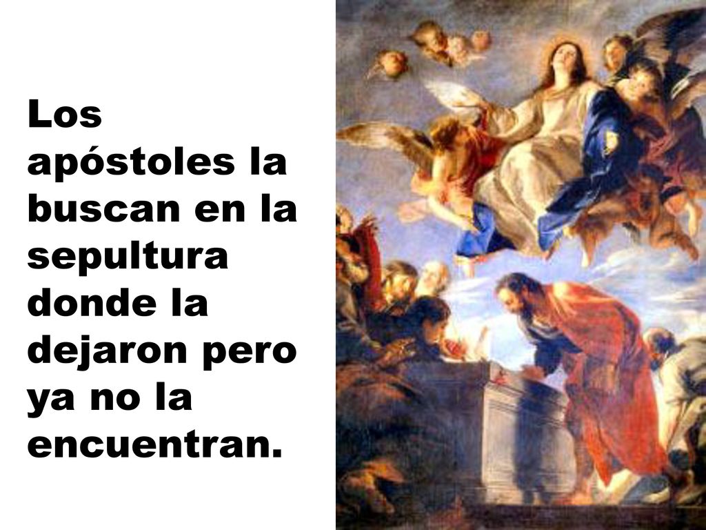 Los apóstoles la buscan en la sepultura donde la dejaron pero ya no la encuentran.
