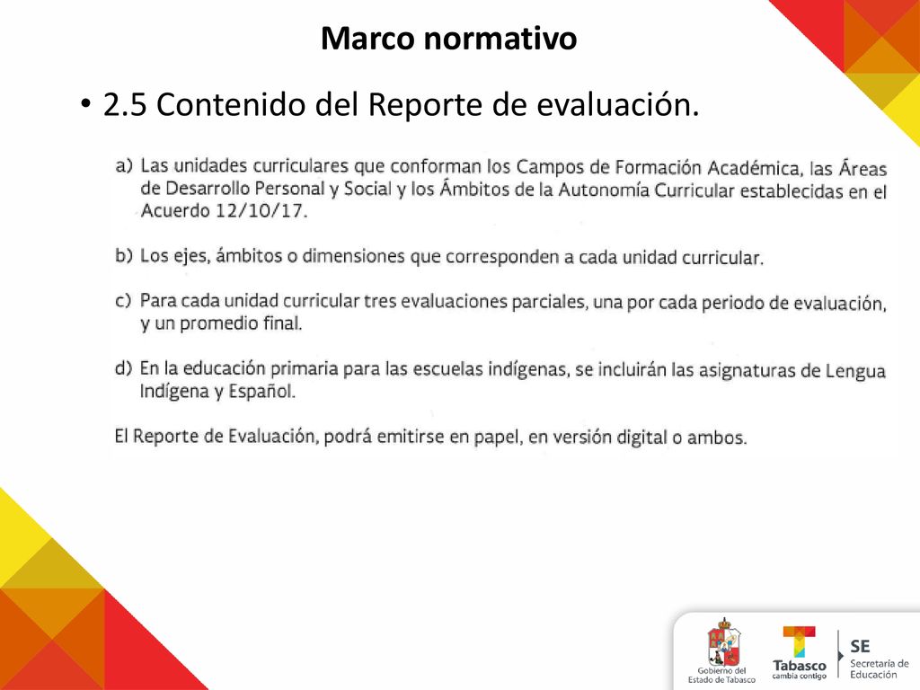 Marco normativo 2.5 Contenido del Reporte de evaluación.
