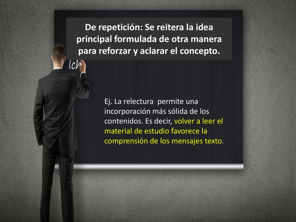 De repetición: Se reitera la idea principal formulada de otra manera para reforzar y aclarar el concepto.