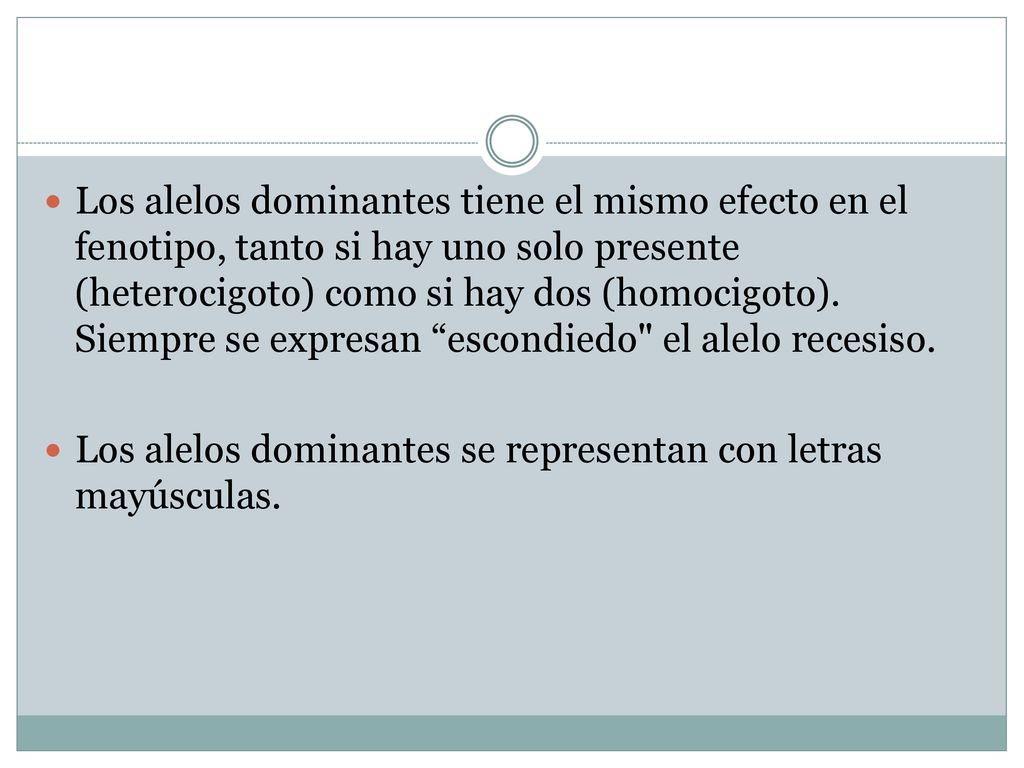 Los alelos dominantes tiene el mismo efecto en el fenotipo, tanto si hay uno solo presente (heterocigoto) como si hay dos (homocigoto). Siempre se expresan escondiedo el alelo recesiso.