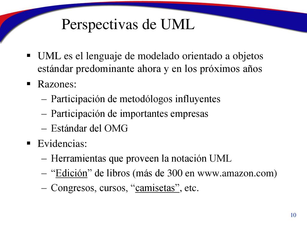 Perspectivas de UML UML es el lenguaje de modelado orientado a objetos estándar predominante ahora y en los próximos años.