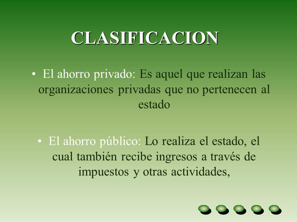 CLASIFICACION El ahorro privado: Es aquel que realizan las organizaciones privadas que no pertenecen al estado.