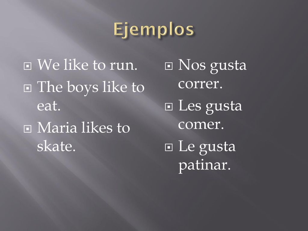 Ejemplos We like to run. The boys like to eat. Maria likes to skate.