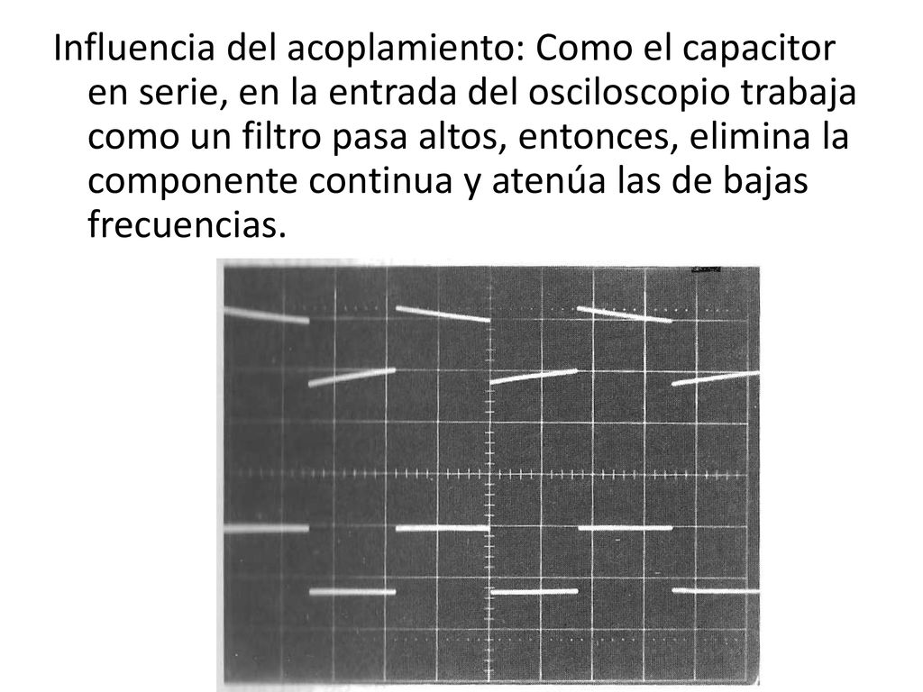 Influencia del acoplamiento: Como el capacitor en serie, en la entrada del osciloscopio trabaja como un filtro pasa altos, entonces, elimina la componente continua y atenúa las de bajas frecuencias.
