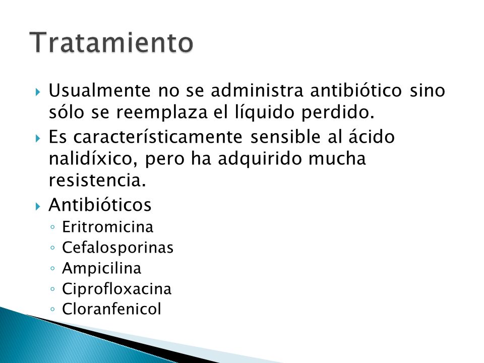 Tratamiento Usualmente no se administra antibiótico sino sólo se reemplaza el líquido perdido.