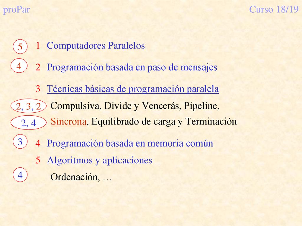 proPar Curso 18/ , 3, 2. 2, Computadores Paralelos. Programación basada en paso de mensajes.