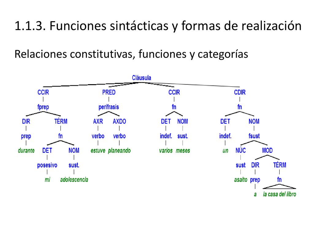 Funciones sintácticas y formas de realización Relaciones constitutivas, funciones y categorías