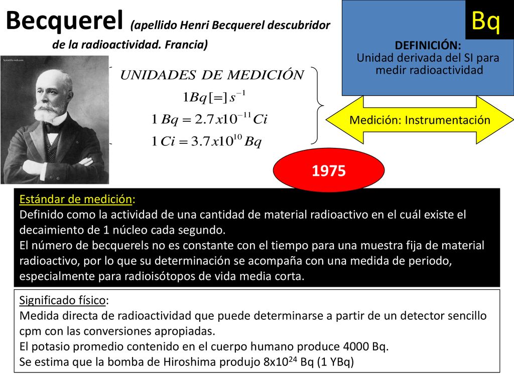 DEFINICIÓN: Unidad derivada del SI para. medir radioactividad. Bq. Becquerel (apellido Henri Becquerel descubridor de la radioactividad. Francia)