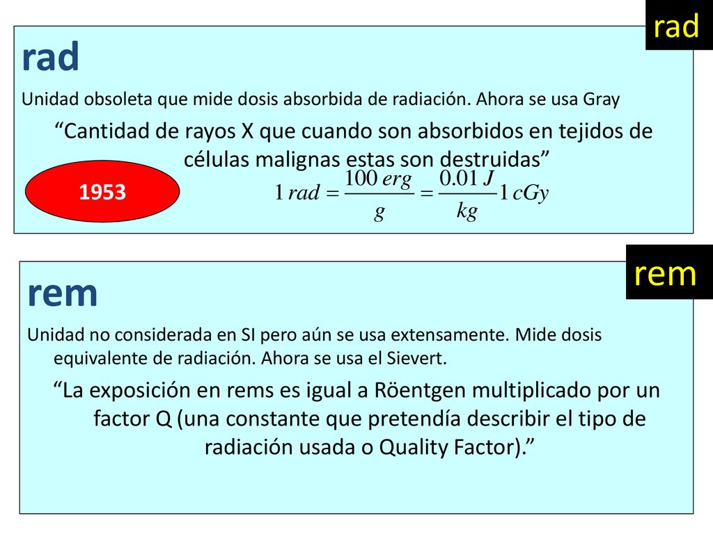 rad rad. Unidad obsoleta que mide dosis absorbida de radiación. Ahora se usa Gray.