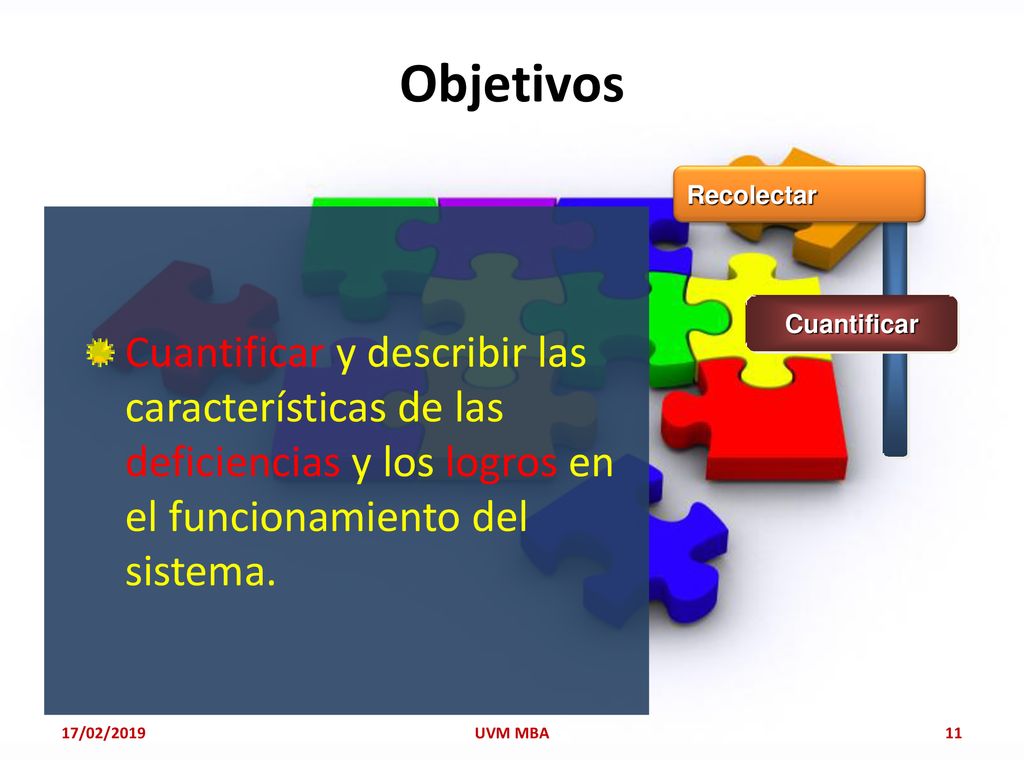 Objetivos Recolectar. Cuantificar y describir las características de las deficiencias y los logros en el funcionamiento del sistema.