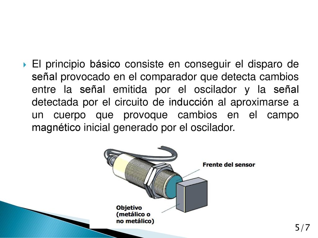 El principio básico consiste en conseguir el disparo de señal provocado en el comparador que detecta cambios entre la señal emitida por el oscilador y la señal detectada por el circuito de inducción al aproximarse a un cuerpo que provoque cambios en el campo magnético inicial generado por el oscilador.