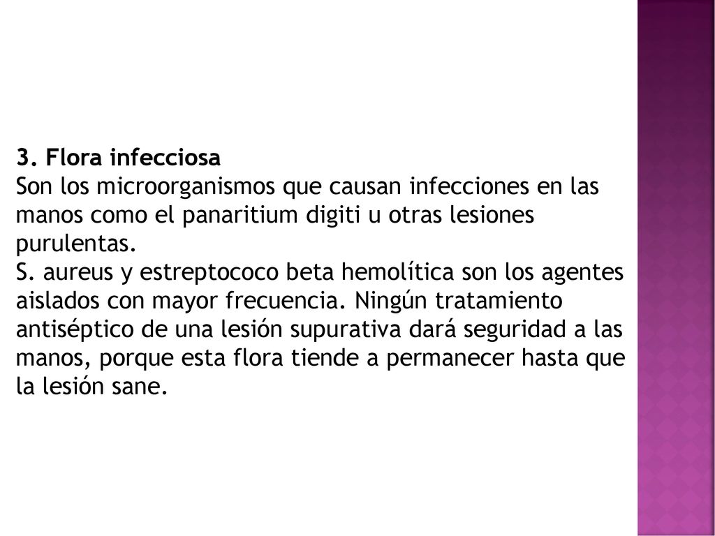 3. Flora infecciosa Son los microorganismos que causan infecciones en las manos como el panaritium digiti u otras lesiones purulentas.