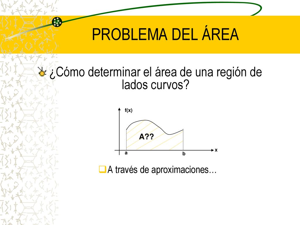 PROBLEMA DEL ÁREA ¿Cómo determinar el área de una región de lados curvos A través de aproximaciones…