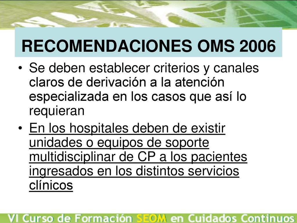 RECOMENDACIONES OMS 2006 Se deben establecer criterios y canales claros de derivación a la atención especializada en los casos que así lo requieran.
