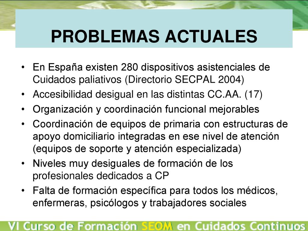 PROBLEMAS ACTUALES En España existen 280 dispositivos asistenciales de Cuidados paliativos (Directorio SECPAL 2004)