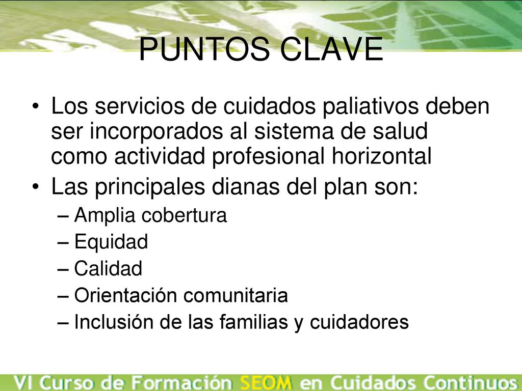 PUNTOS CLAVE Los servicios de cuidados paliativos deben ser incorporados al sistema de salud como actividad profesional horizontal.
